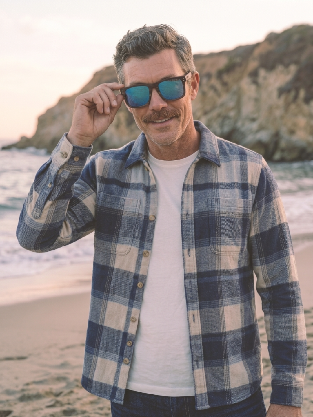 Manly square wood sunglasses sky laminated ebony timber frame blue mirror - polarised UV400 eco-friendly sunnies Manly Beach Australia 