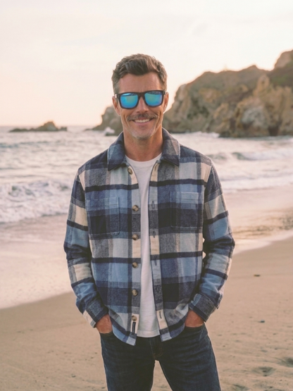 Manly square wood sunglasses sky laminated ebony timber frame blue mirror - polarised UV400 eco-friendly sunnies Manly Beach Australia 