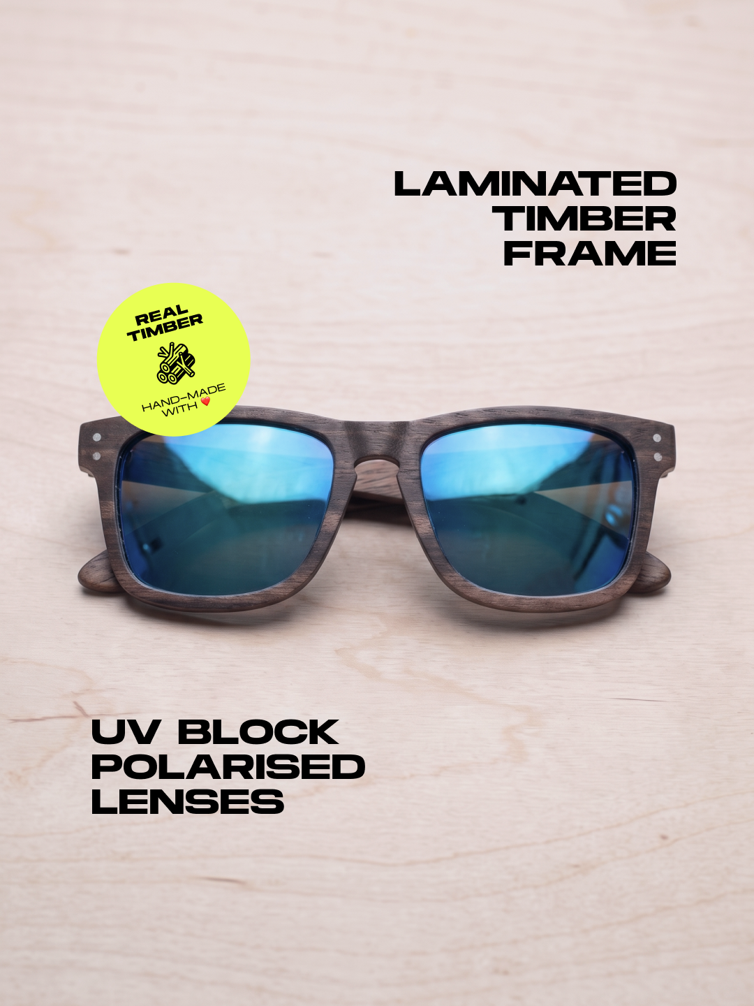 Manly square wood sunglasses sky laminated ebony timber frame blue mirror - polarised UV400 eco-friendly sunnies Manly Beach Australia 