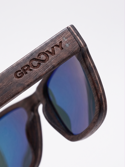 Manly square wood sunglasses sky laminated ebony timber frame blue mirror - polarised UV400 eco-friendly sunnies Manly Beach Australia 