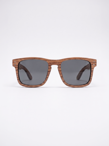 Manly square wood sunglasses zebra wood laminated timber frame - polarised UV400 eco-friendly sunnies Manly Beach Australia 
