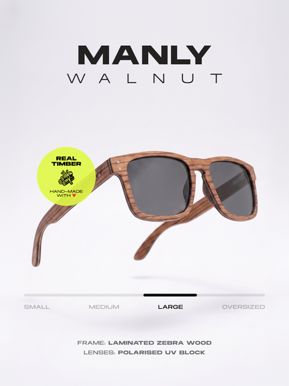 Manly square wood sunglasses zebra wood laminated timber frame - polarised UV400 eco-friendly sunnies Manly Beach Australia 