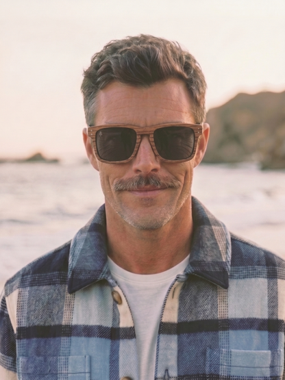 Manly square wood sunglasses zebra wood laminated timber frame - polarised UV400 eco-friendly sunnies Manly Beach Australia 