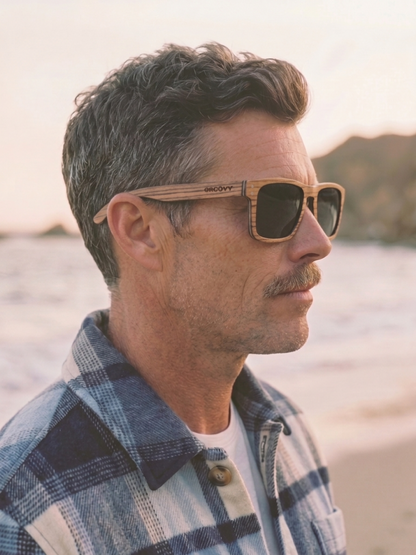 Manly square wood sunglasses zebra wood laminated timber frame - polarised UV400 eco-friendly sunnies Manly Beach Australia 