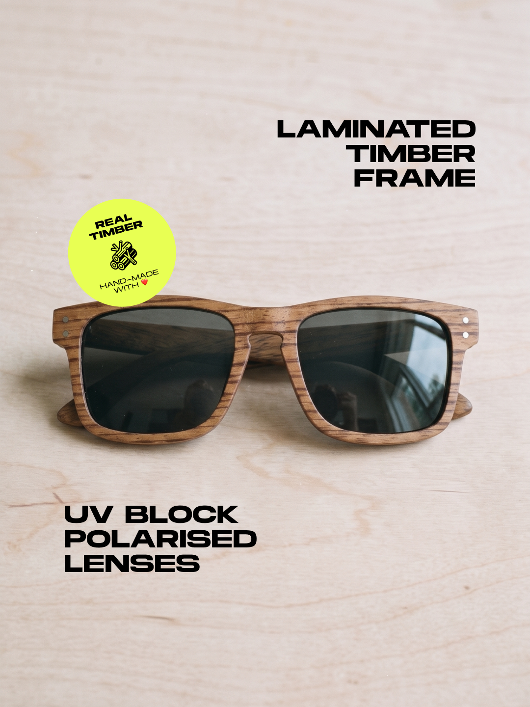 Manly square wood sunglasses zebra wood laminated timber frame - polarised UV400 eco-friendly sunnies Manly Beach Australia 