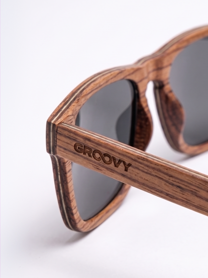 Manly square wood sunglasses zebra wood laminated timber frame - polarised UV400 eco-friendly sunnies Manly Beach Australia 
