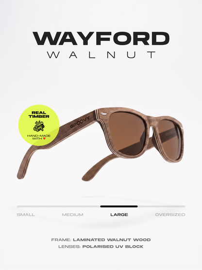 Wayford wayfarer wood sunglasses walnut laminated timber frame - polarised UV400 eco-friendly sunnies Manly Beach Australia 