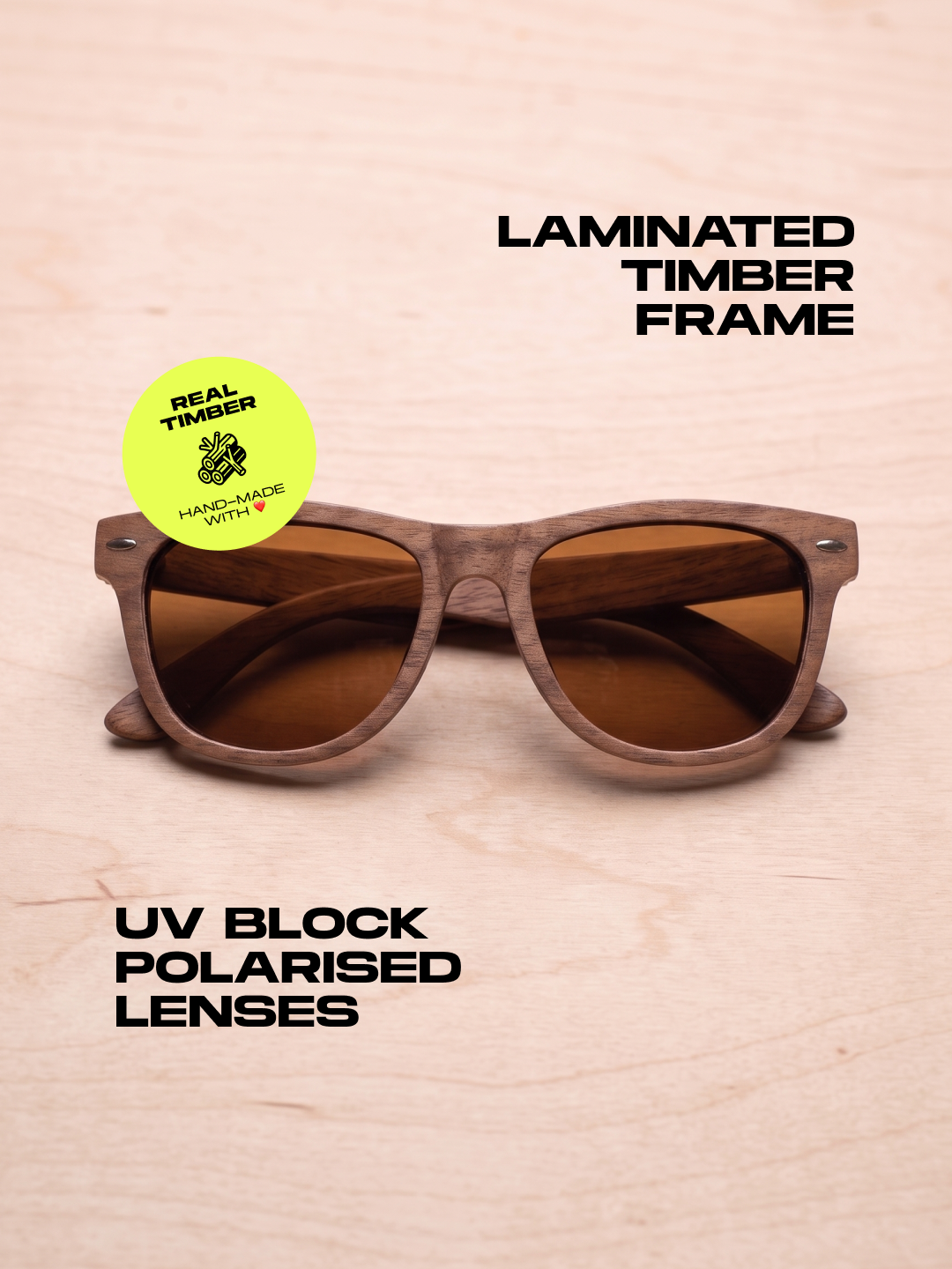 Wayford wayfarer wood sunglasses walnut laminated timber frame - polarised UV400 eco-friendly sunnies Manly Beach Australia 