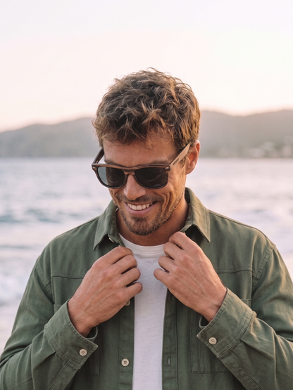 Wayford wayfarer wood sunglasses ebony laminated timber frame - polarised UV400 eco-friendly sunnies Manly Beach Australia 