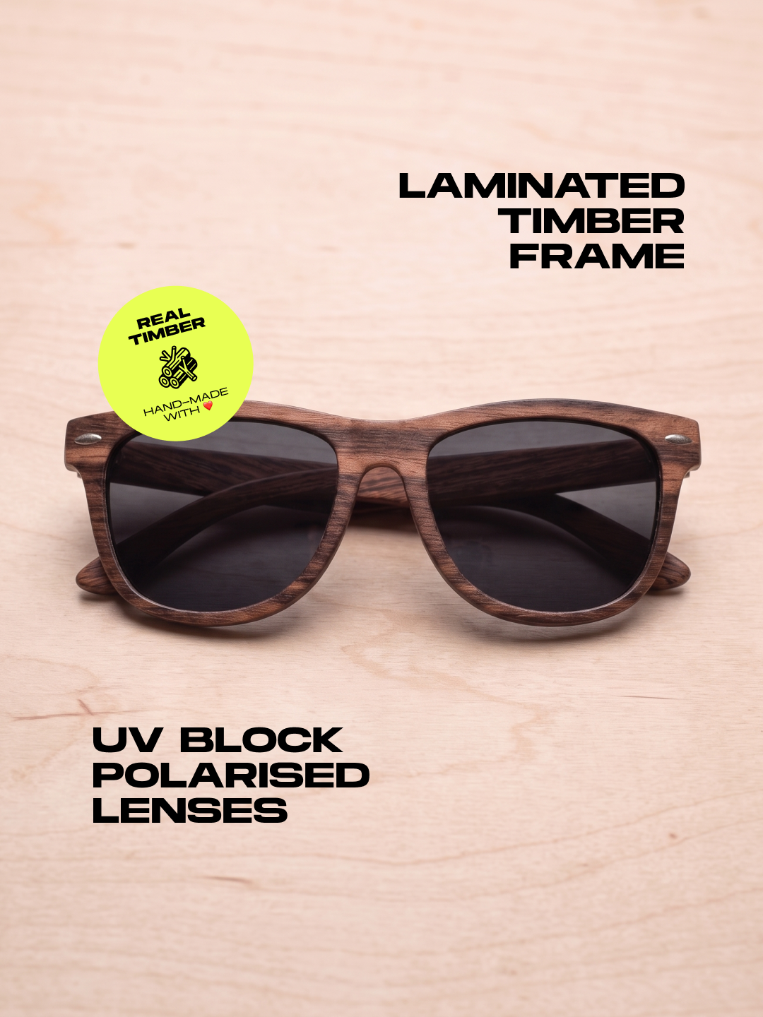 Wayford wayfarer wood sunglasses ebony laminated timber frame - polarised UV400 eco-friendly sunnies Manly Beach Australia 
