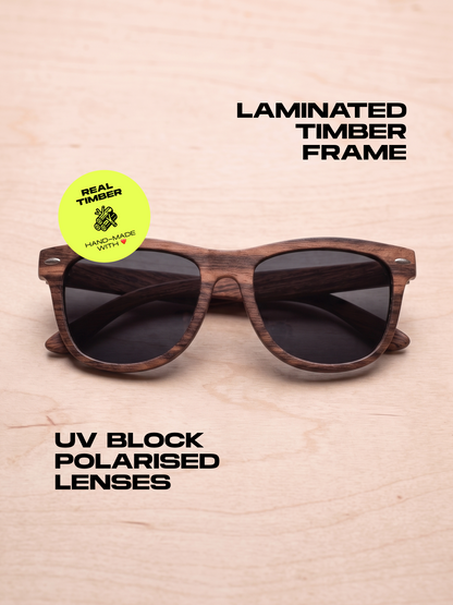 Wayford wayfarer wood sunglasses ebony laminated timber frame - polarised UV400 eco-friendly sunnies Manly Beach Australia 