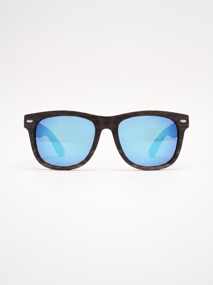 Wayford wayfarer wood sunglasses sky laminated ebony timber frame blue mirror - polarised UV400 eco-friendly sunnies Manly Beach Australia 