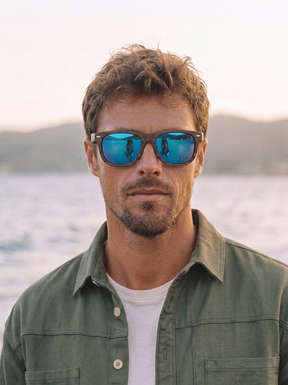 Wayford wayfarer wood sunglasses sky laminated ebony timber frame blue mirror - polarised UV400 eco-friendly sunnies Manly Beach Australia 