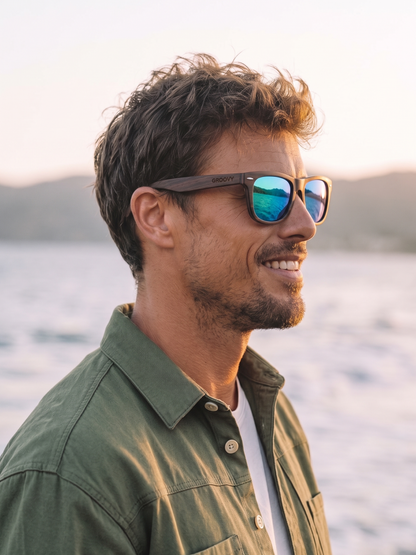 Wayford wayfarer wood sunglasses sky laminated ebony timber frame blue mirror - polarised UV400 eco-friendly sunnies Manly Beach Australia 