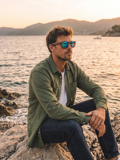 Wayford wayfarer wood sunglasses sky laminated ebony timber frame blue mirror - polarised UV400 eco-friendly sunnies Manly Beach Australia 
