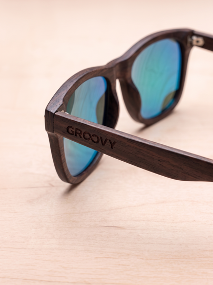 Wayford wayfarer wood sunglasses sky laminated ebony timber frame blue mirror - polarised UV400 eco-friendly sunnies Manly Beach Australia 