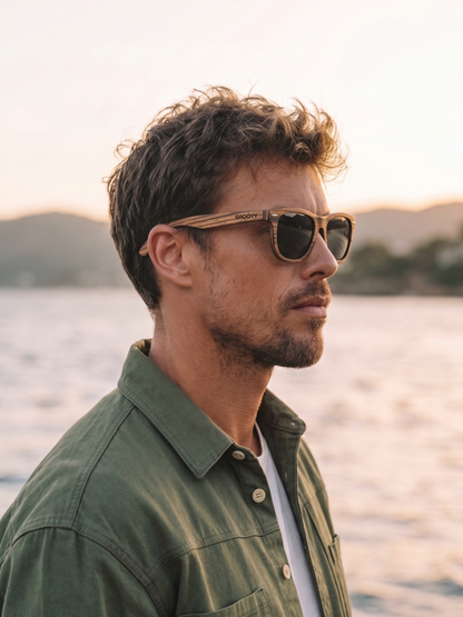 Wayford wayfarer wood sunglasses zebra wood laminated timber frame - polarised UV400 eco-friendly sunnies Manly Beach Australia 