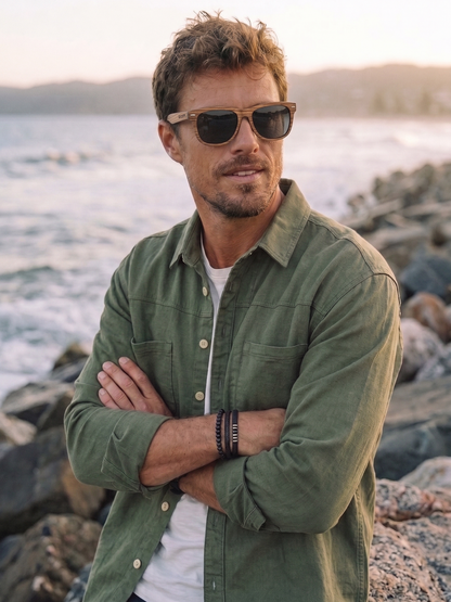 Wayford wayfarer wood sunglasses zebra wood laminated timber frame - polarised UV400 eco-friendly sunnies Manly Beach Australia 