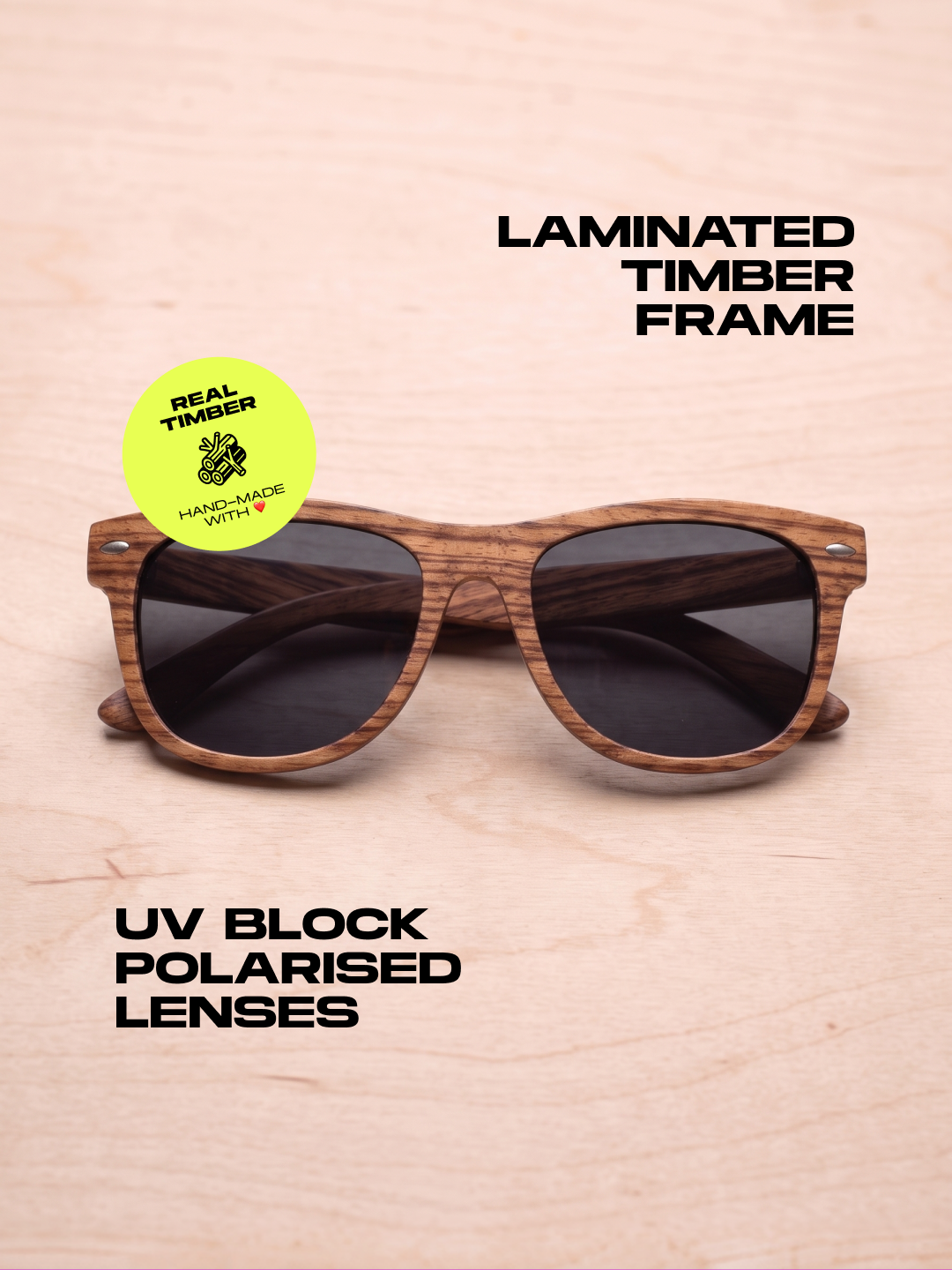 Wayford wayfarer wood sunglasses zebra wood laminated timber frame - polarised UV400 eco-friendly sunnies Manly Beach Australia 