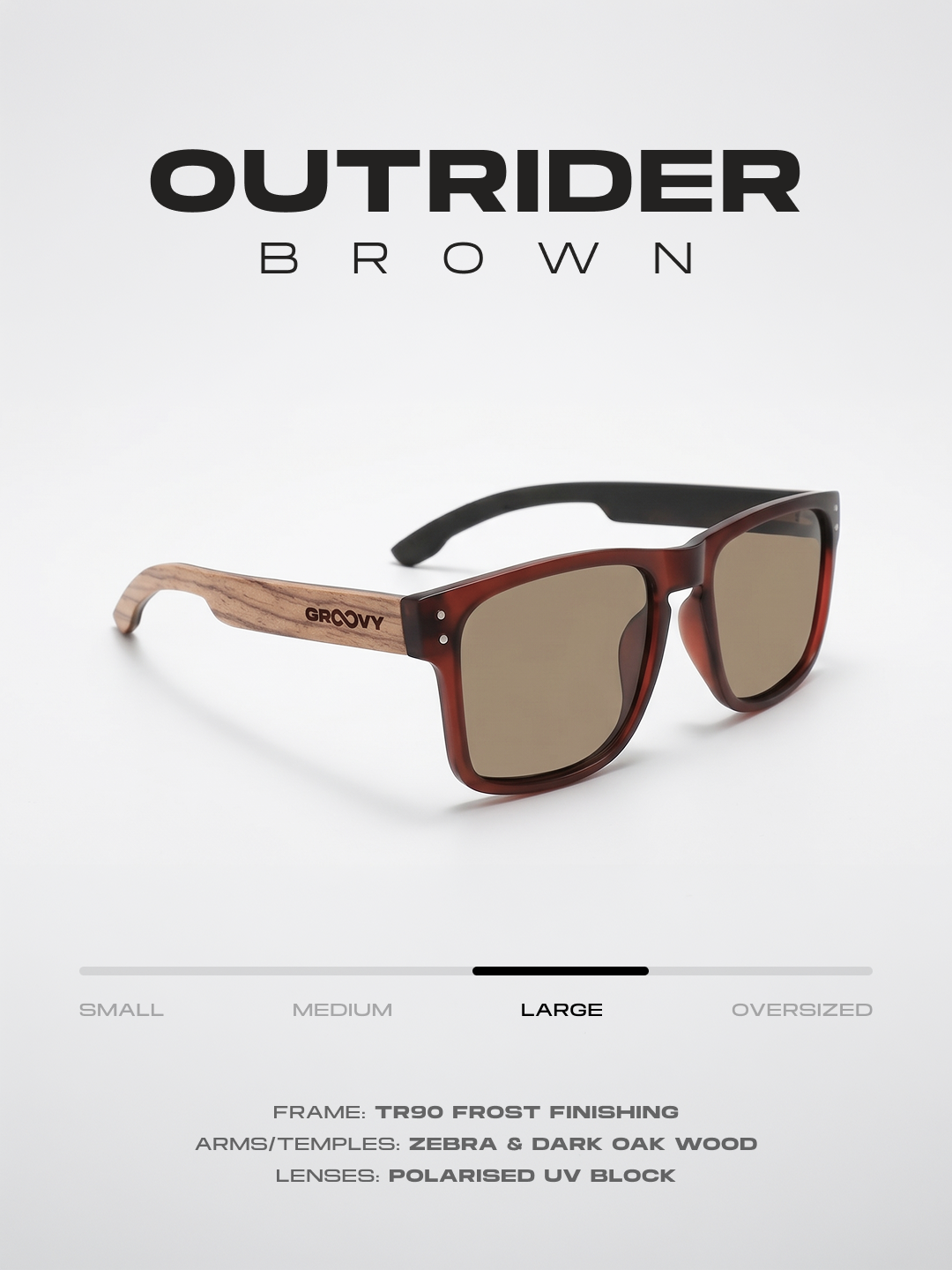 Outrider square sunglasses brown TR90 frame zebra dark oak wood temples - polarised UV400 eco-friendly sunnies Manly Beach Australia 