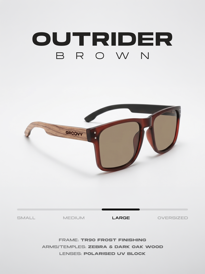 Outrider square sunglasses brown TR90 frame zebra dark oak wood temples - polarised UV400 eco-friendly sunnies Manly Beach Australia 