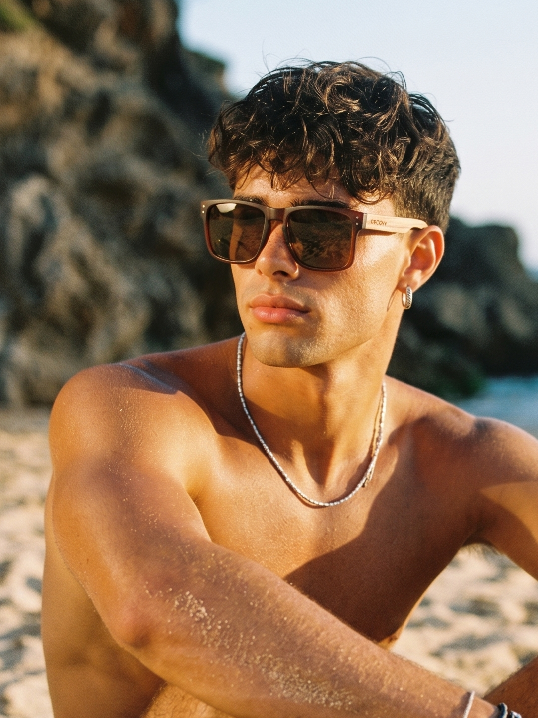 Outrider square sunglasses brown TR90 frame zebra dark oak wood temples - polarised UV400 eco-friendly sunnies Manly Beach Australia 