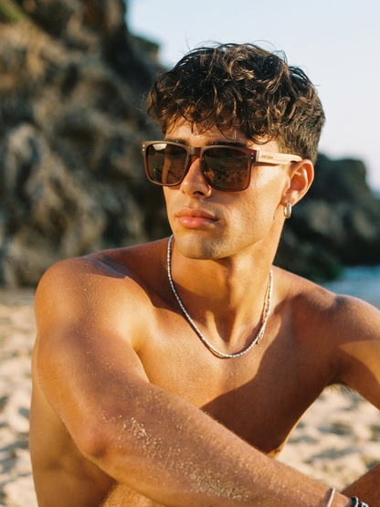 Outrider square sunglasses brown TR90 frame zebra dark oak wood temples - polarised UV400 eco-friendly sunnies Manly Beach Australia 