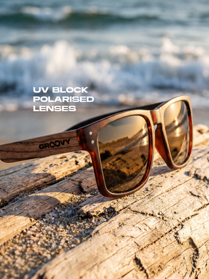 Outrider square sunglasses brown TR90 frame zebra dark oak wood temples - polarised UV400 eco-friendly sunnies Manly Beach Australia 