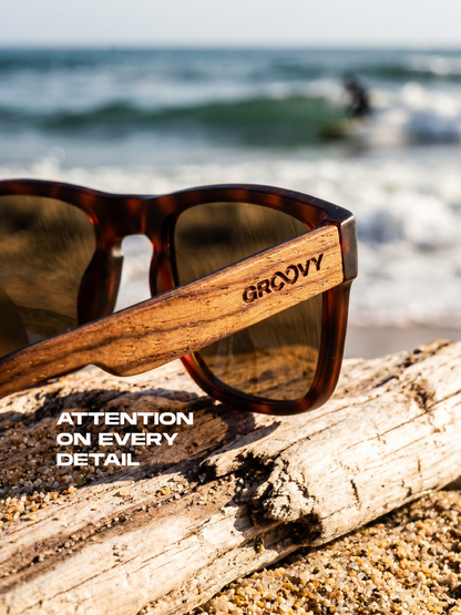 Outrider square sunglasses brown TR90 frame zebra dark oak wood temples - polarised UV400 eco-friendly sunnies Manly Beach Australia 