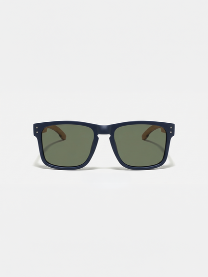 Outrider square sunglasses navy TR90 frame walnut beech wood temples - polarised UV400 eco-friendly sunnies Manly Beach Australia 