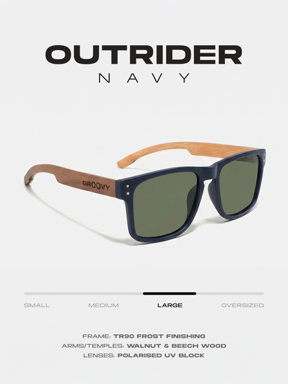 Outrider square sunglasses navy TR90 frame walnut beech wood temples - polarised UV400 eco-friendly sunnies Manly Beach Australia 