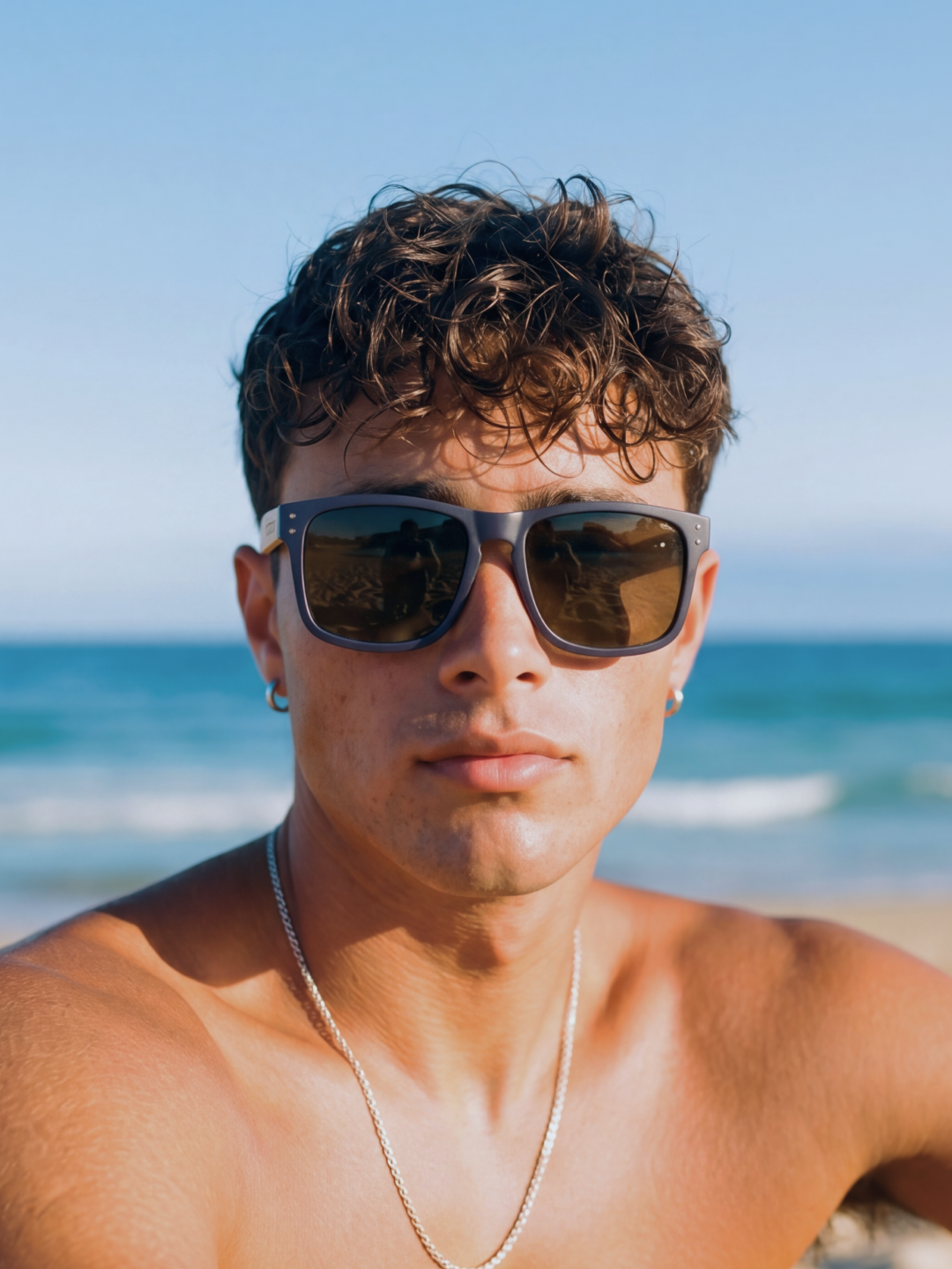 Outrider square sunglasses navy TR90 frame walnut beech wood temples - polarised UV400 eco-friendly sunnies Manly Beach Australia 