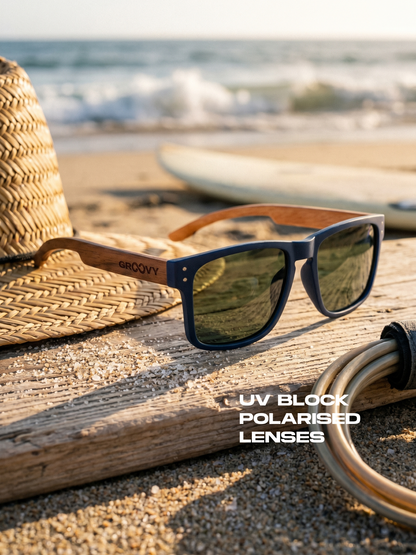 Outrider square sunglasses navy TR90 frame walnut beech wood temples - polarised UV400 eco-friendly sunnies Manly Beach Australia 