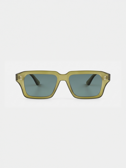 Flat square retro sunglasses green recycled PET frame - polarised UV400 eco-friendly sunnies Manly Beach Australia 