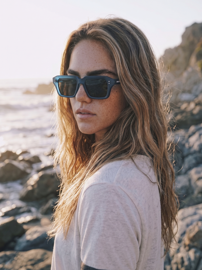 Flat square retro sunglasses black recycled PET frame - polarised UV400 eco-friendly sunnies Manly Beach Australia 