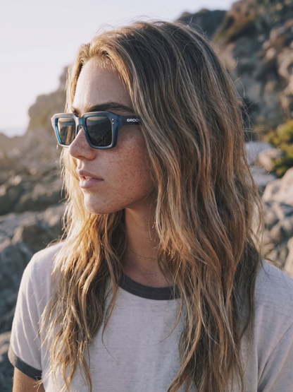 Flat square retro sunglasses black recycled PET frame - polarised UV400 eco-friendly sunnies Manly Beach Australia 