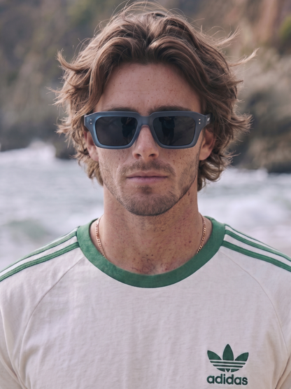 Flat square retro sunglasses black recycled PET frame - polarised UV400 eco-friendly sunnies Manly Beach Australia 