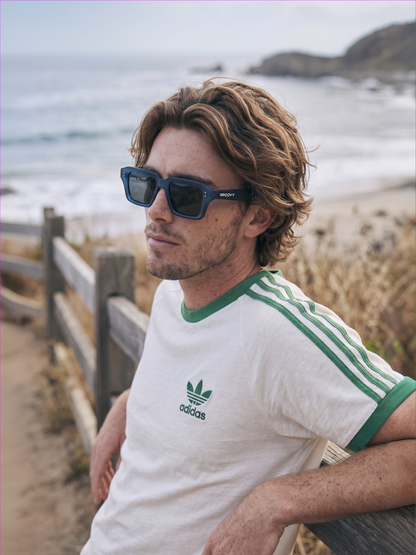 Flat square retro sunglasses black recycled PET frame - polarised UV400 eco-friendly sunnies Manly Beach Australia 