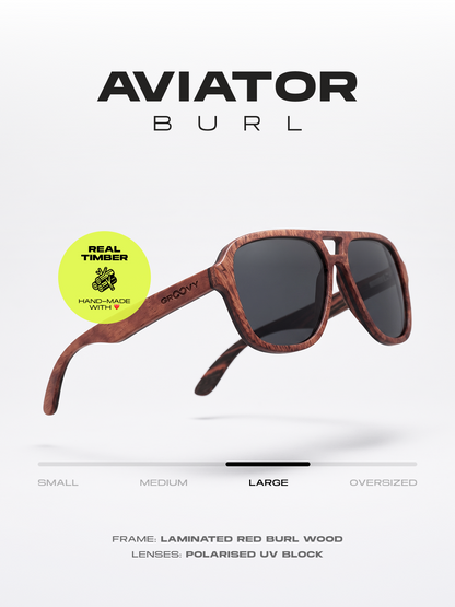 Aviator wood sunglasses red burl laminated timber frame - polarised UV400 eco-friendly sunnies Manly Beach Australia 
