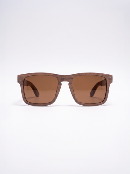 Manly square wood sunglasses walnut laminated timber frame - polarised UV400 eco-friendly sunnies Manly Beach Australia 