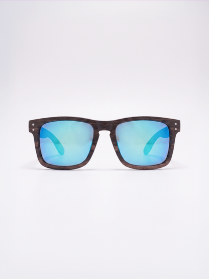 Manly square wood sunglasses sky laminated ebony timber frame blue mirror - polarised UV400 eco-friendly sunnies Manly Beach Australia 