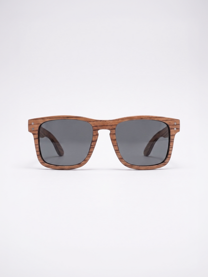 Manly square wood sunglasses zebra wood laminated timber frame - polarised UV400 eco-friendly sunnies Manly Beach Australia 